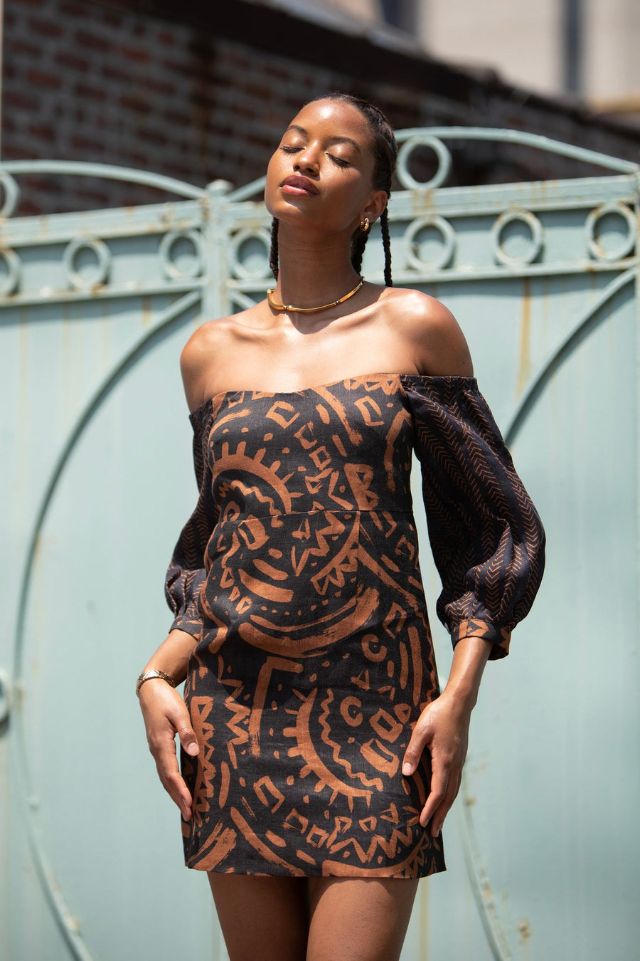 Clementine Dress - Tribal Tan Black in Lightweight Linen