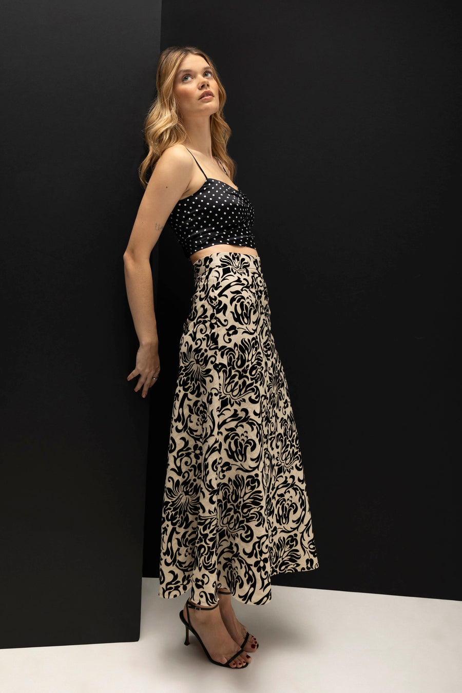 Olivia Skirt in Black Damask Linen