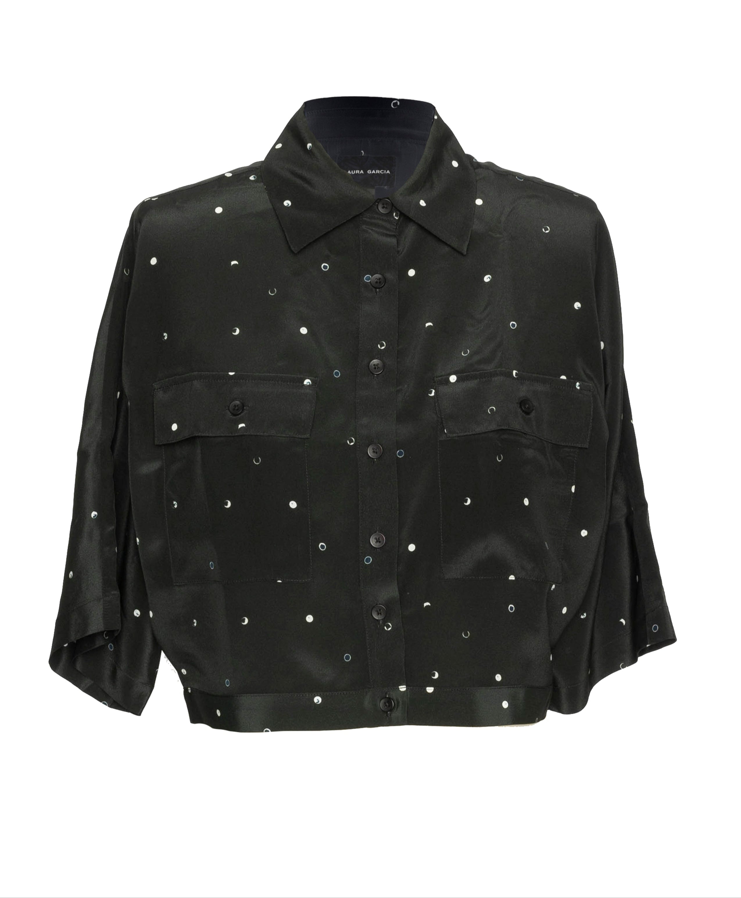 Kimono Sleeve Shirt Black White Dot Silk