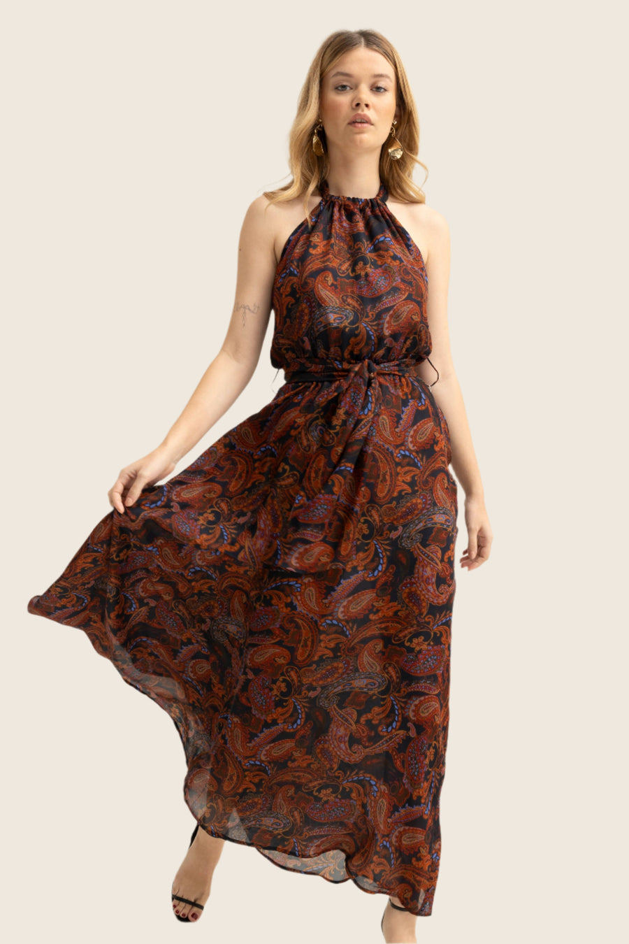 Lola Maxi Halter dress in Dark Paisley